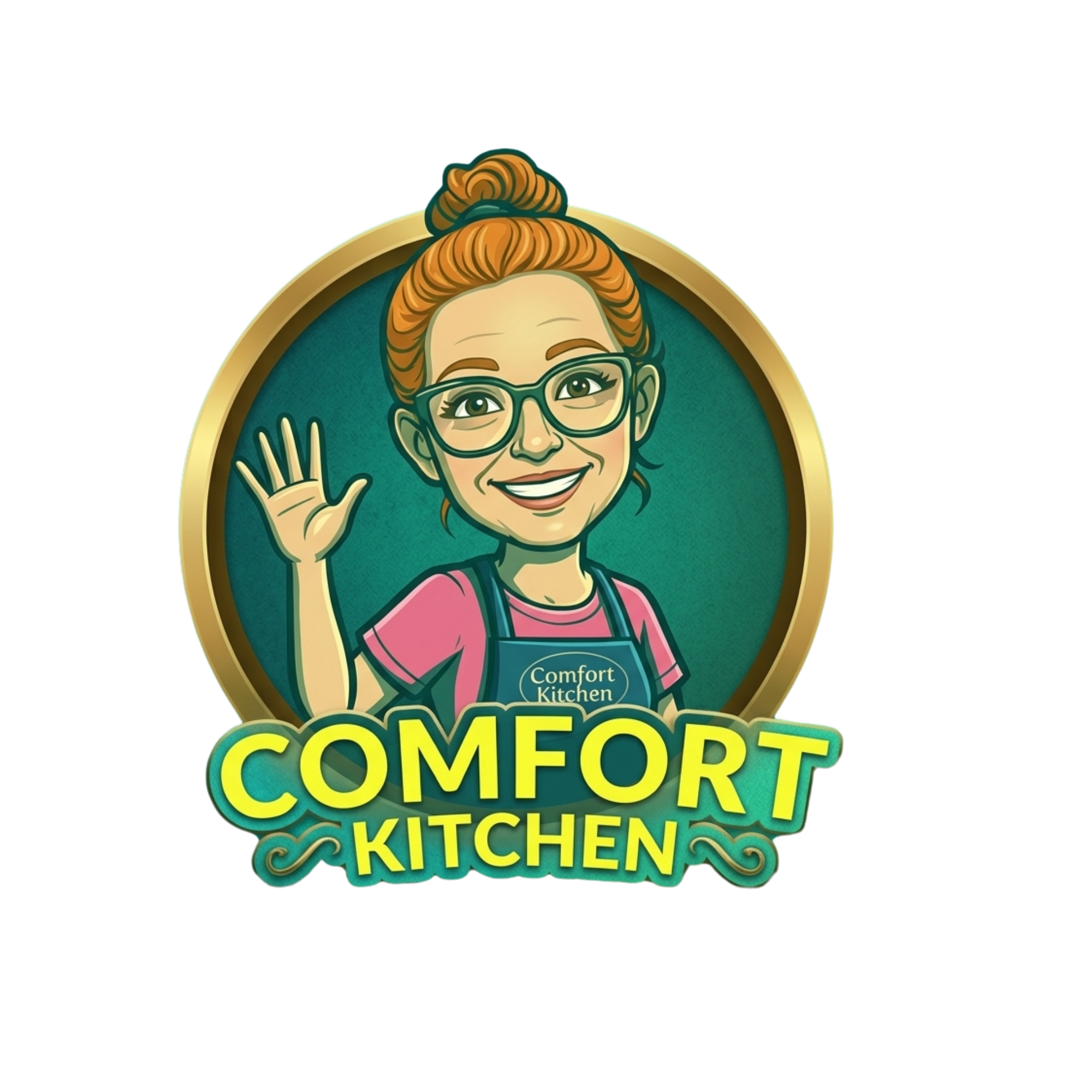 Illustration of a smiling woman with red hair in a bun, wearing glasses and a pink shirt, waving, with the words 'Comfort Kitchen' on her apron and 'Comfort Kitchen' below her in bold yellow text.
