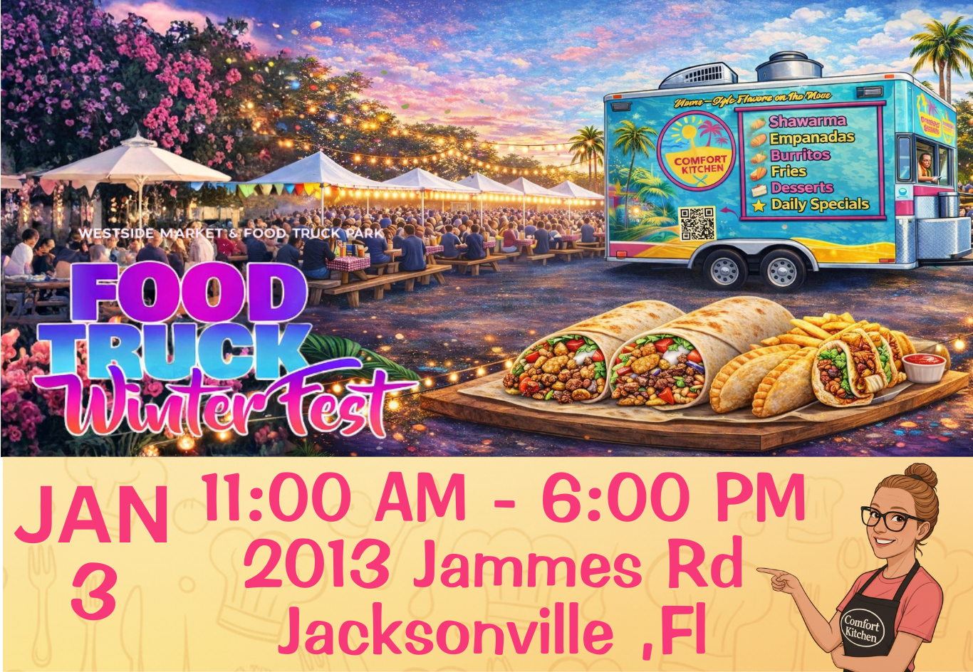 Advertisement for the Food Truck Winter Fest event showing a food truck with menu items, a large gathering of people at an outdoor market sunset, food items like burritos and fried foods, and a cartoon woman promoting the event.