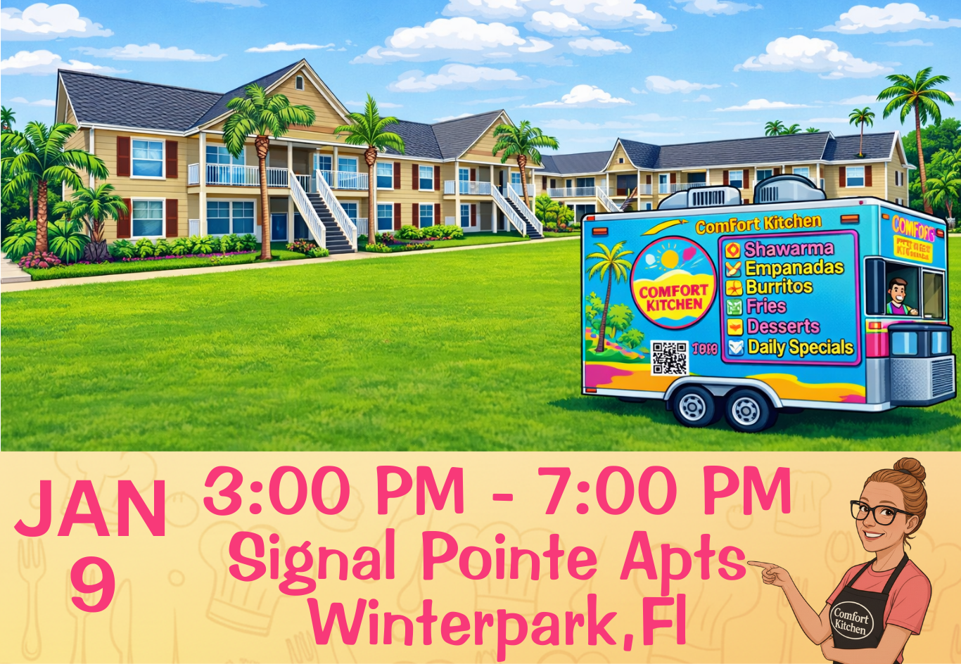 A flyer advertising Comfort Kitchen food truck event at Signal Pointe Apartments in Winterpark, Florida, on January 9 from 3:00 PM to 7:00 PM. The flyer features a colorful food truck with menu items and a smiling woman pointing at the event details.