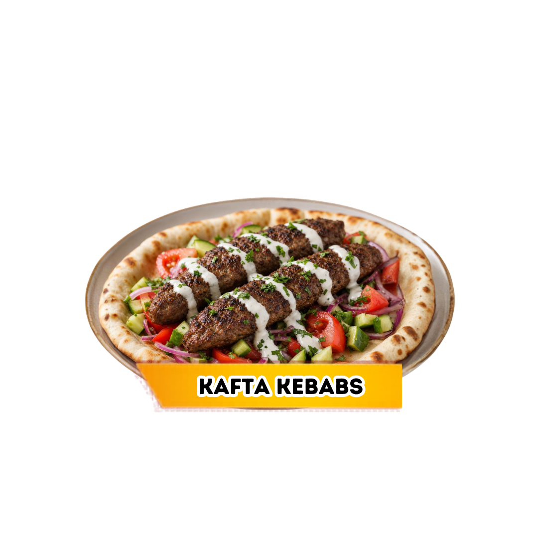 Grilled Kafta Kebab flatbread plate with fresh vegetables and white sauce from Comfort Kitchen food trailer.