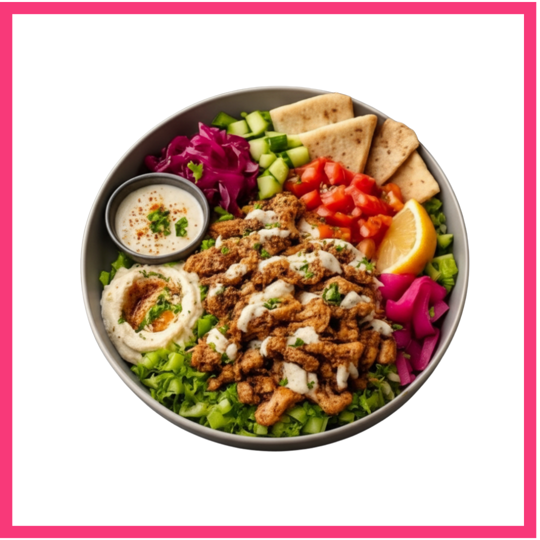 Bowl of Shawarma with grilled chicken, hummus, pickled vegetables, chopped tomatoes, cucumber, pita bread, lemon wedge, and creamy dressing, on pink background.