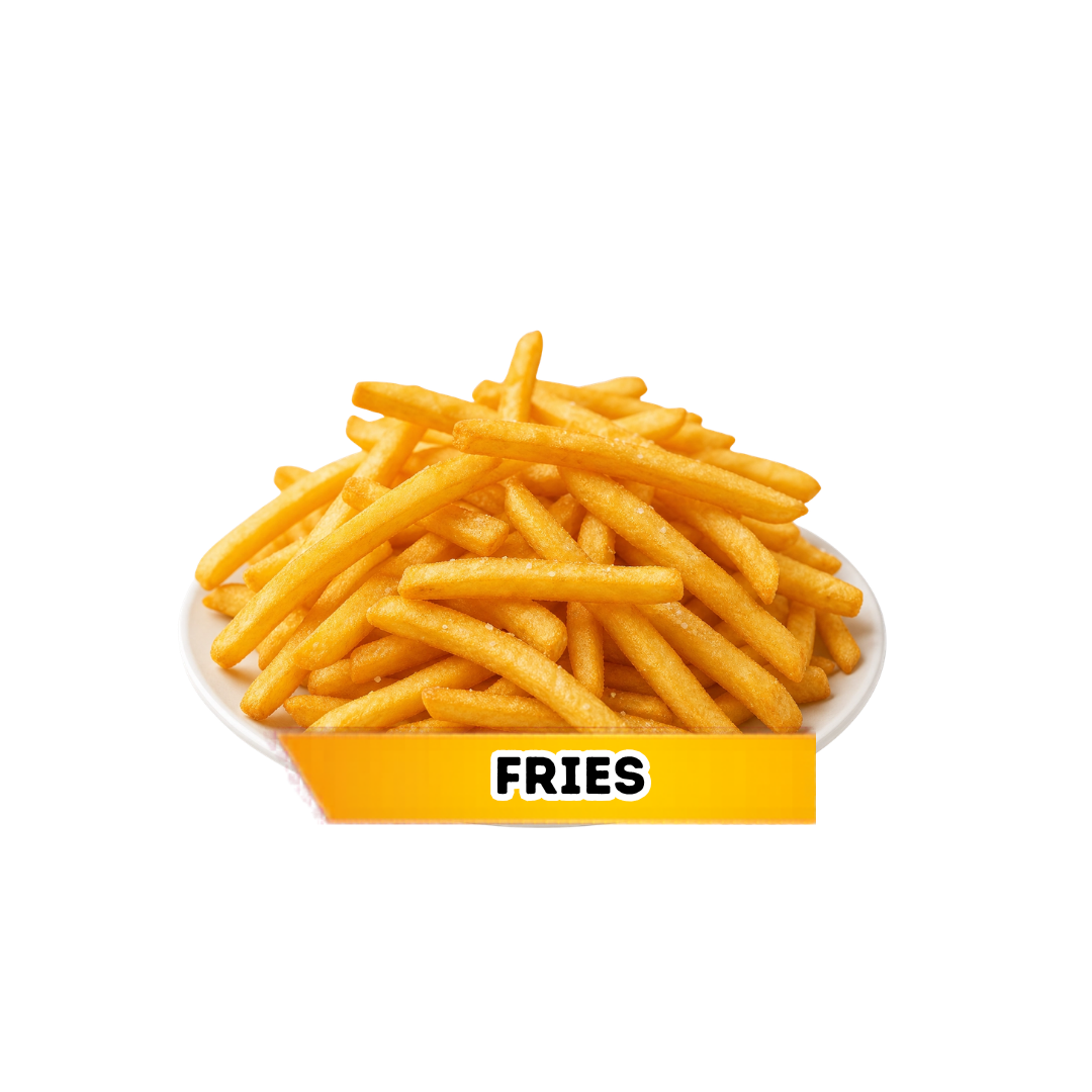 Crispy golden French fries side dish from Comfort Kitchen food trailer with a yellow product label.