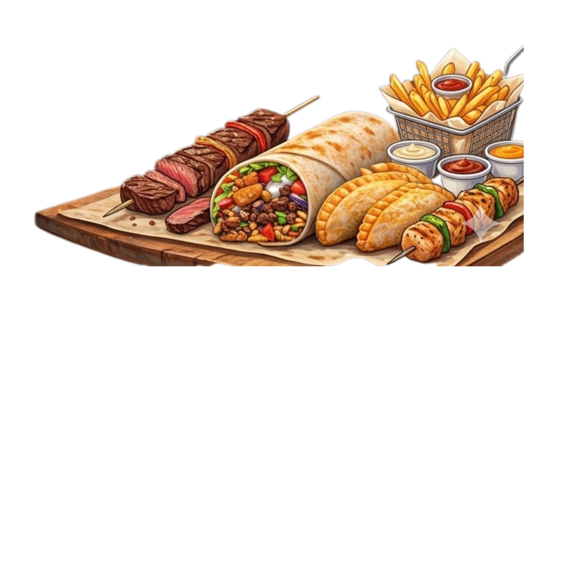 A wooden platter with a beef skewer, a burrito filled with vegetables and beans, two taco shells, a skewer with vegetables and meat, French fries with ketchup, and various dipping sauces.