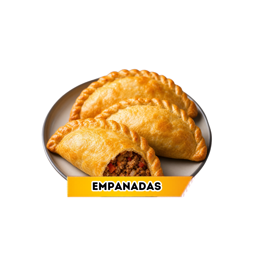 Three baked empanadas on a tray, one cut open revealing seasoned ground beef filling with diced vegetables, with a yellow and orange label reading 'EMPANADAS' at the bottom.