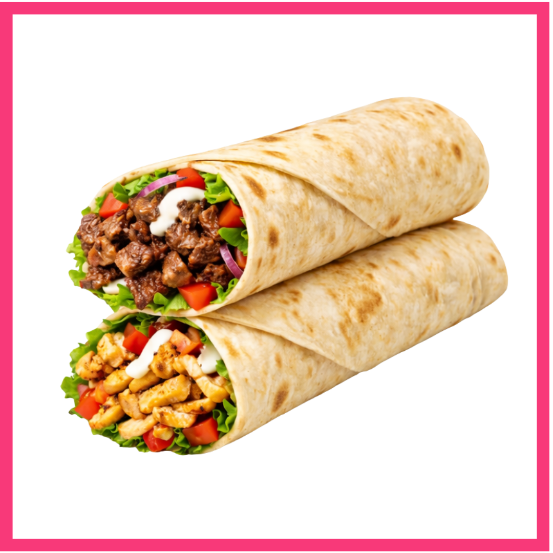 Two wrapped burritos with fillings of meats, vegetables, and sauces