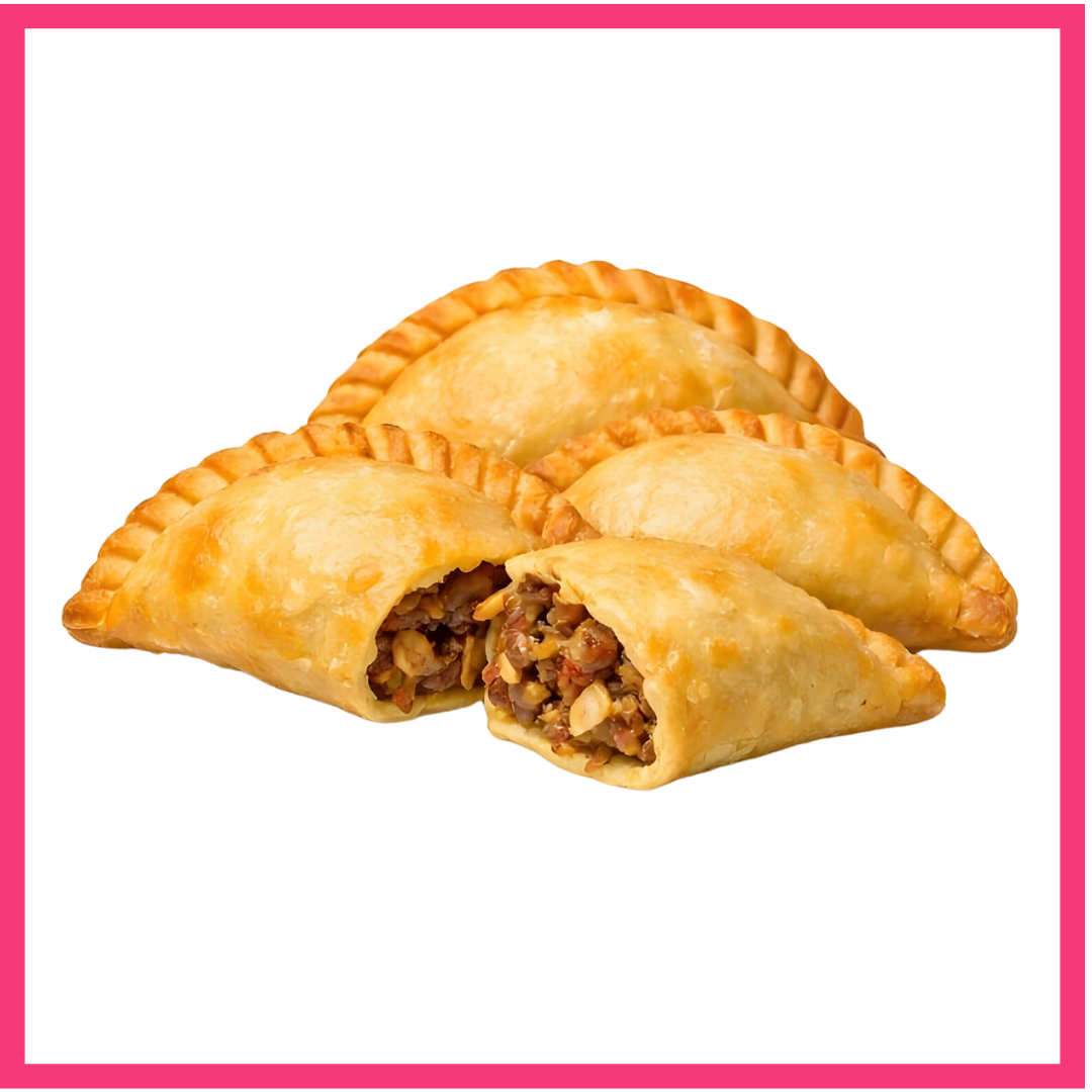 Four gold-brown empanadas with one cut open to reveal a filling of chopped meat and vegetables against a colorful background.