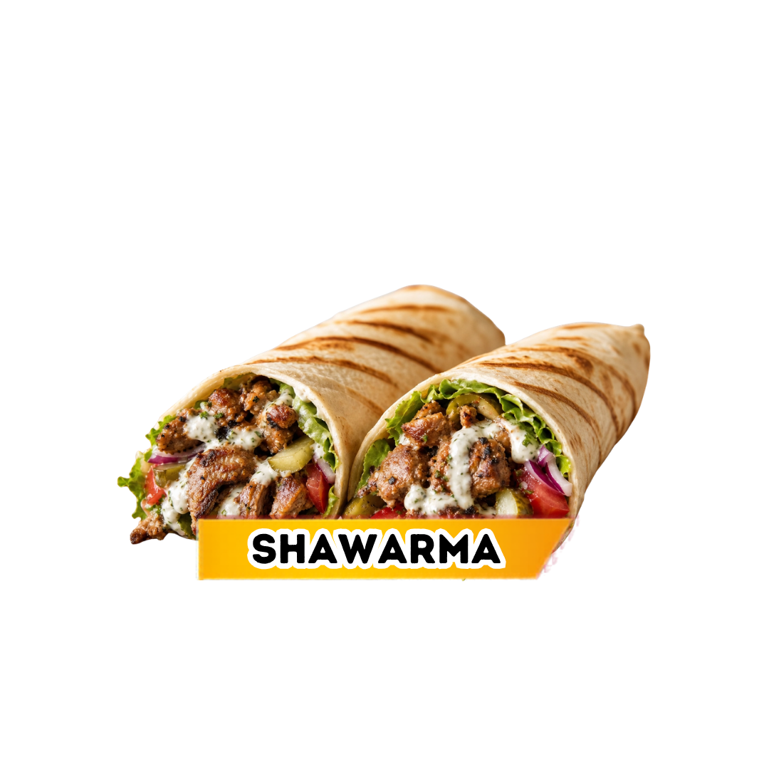Grilled shawarma wraps packed with meat and vegetables from Comfort Kitchen food trailer, featuring a yellow product label.