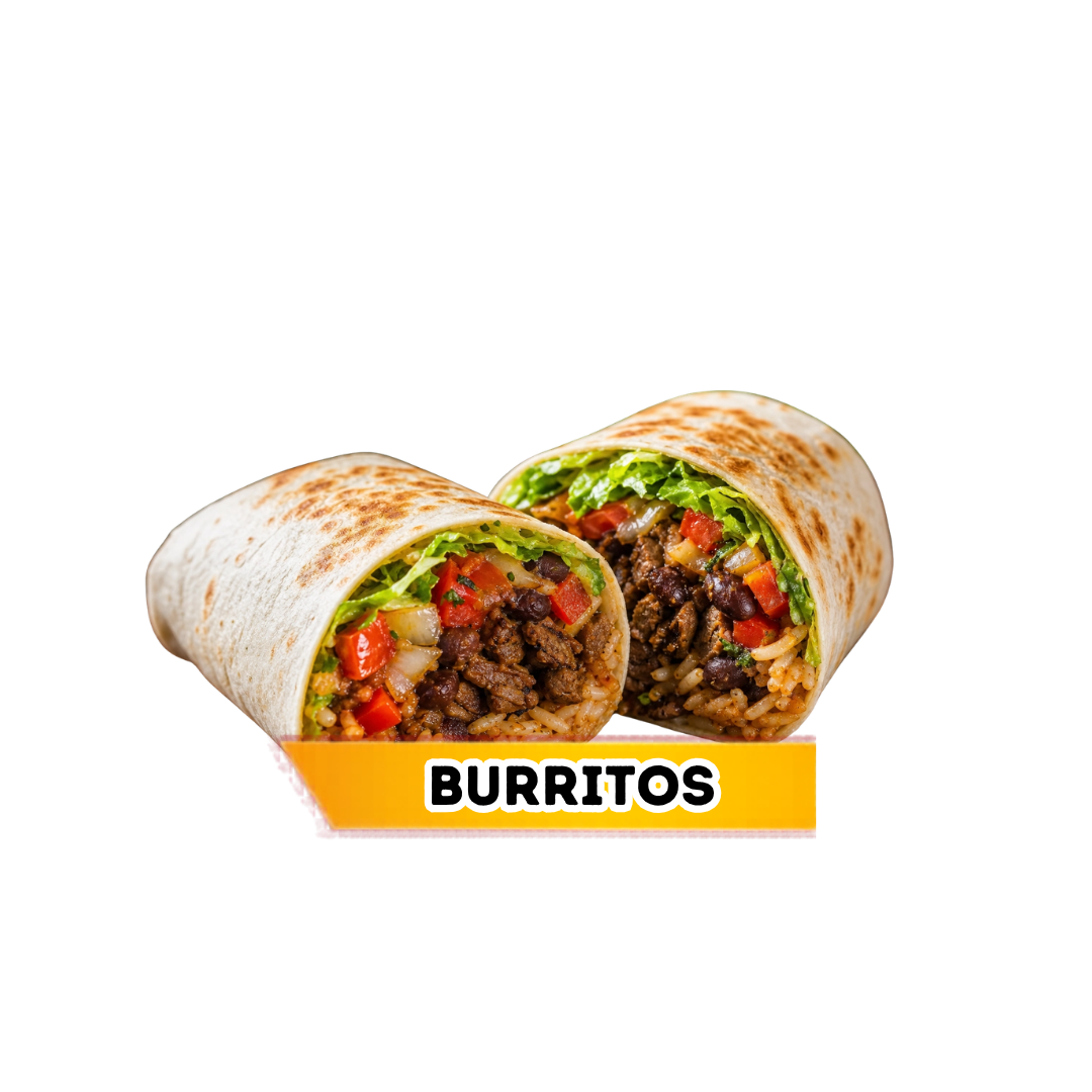 Close-up of a loaded Comfort Kitchen burrito sliced in half, showing seasoned ground beef, rice, lettuce, tomatoes, and onions, featuring a yellow burrito label.
