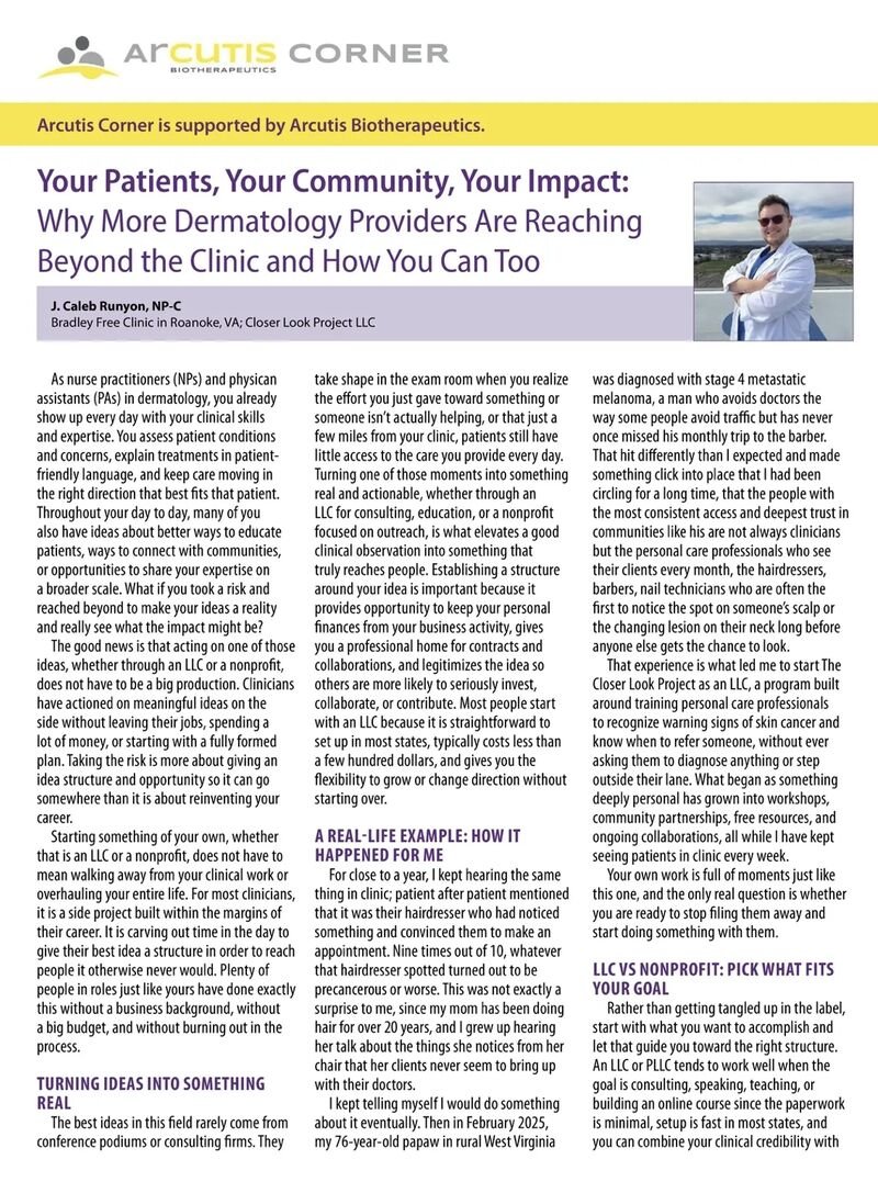 A conference poster from Arcutis Corner discussing the importance of dermatology providers reaching beyond clinics, featuring a photo of a man in a white coat and sunglasses, standing outdoors with a landscape background.