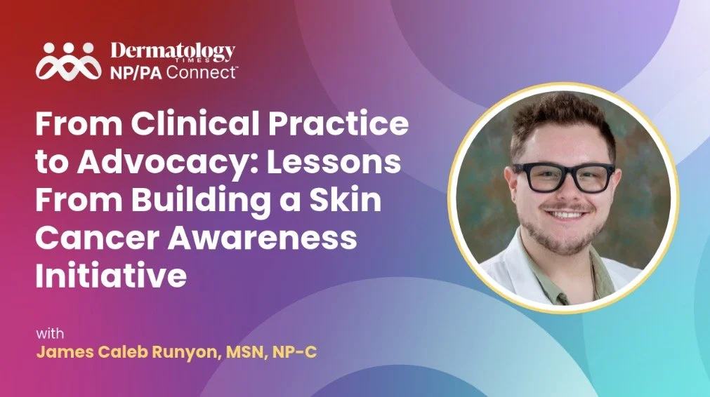 A digital banner promoting a dermatologist professional event featuring James Caleb Runyon, with colorful gradient background and a headshot of a smiling man wearing glasses and a white coat.