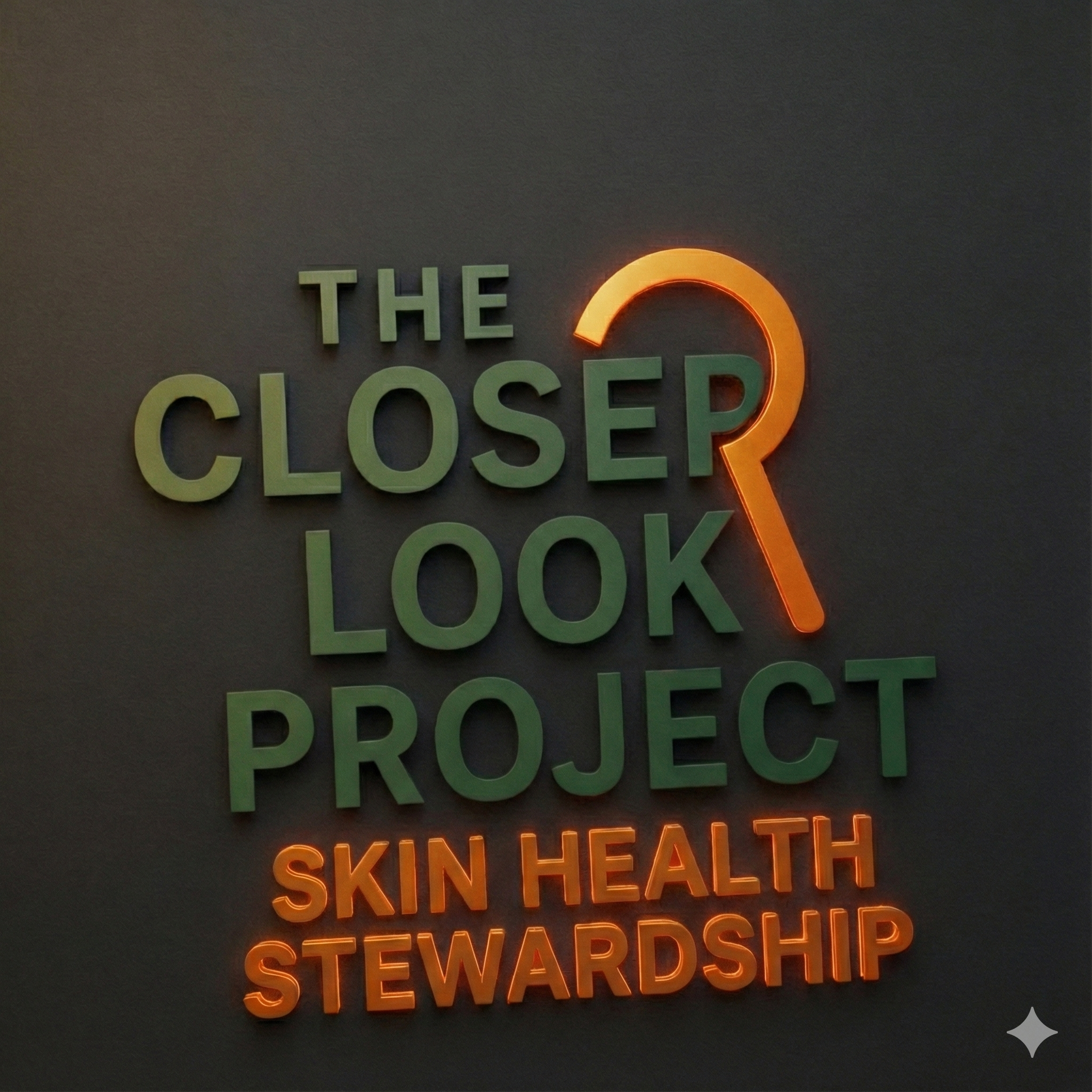 Neon sign reading 'The Closeup Look Project' with a keyhole outline and the words 'Skin Health Stewardship' underneath.