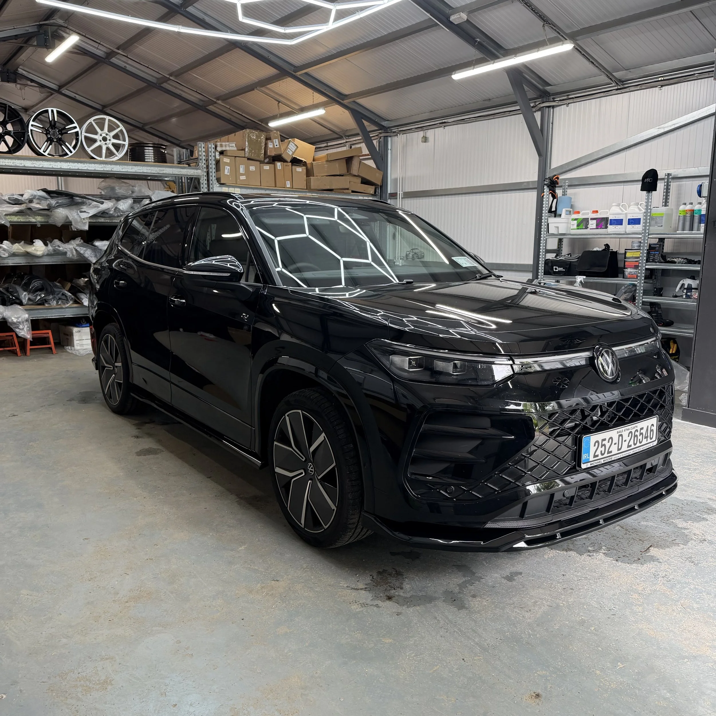 Volkswagen Tayron with front lip spoiler and side skirts professionally fitted at Body Styling Ireland workshop, Craughwell, Galway