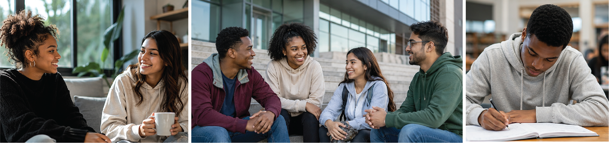 A three-panel collage shows youth connecting with peers, building supportive relationships, and working independently toward their goals.