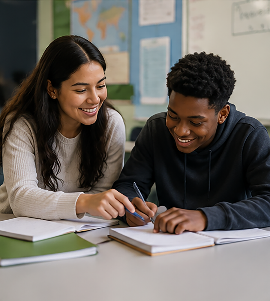 A supportive adult works one-on-one with a smiling teenager, pointing to a notebook while the youth writes during a learning session.