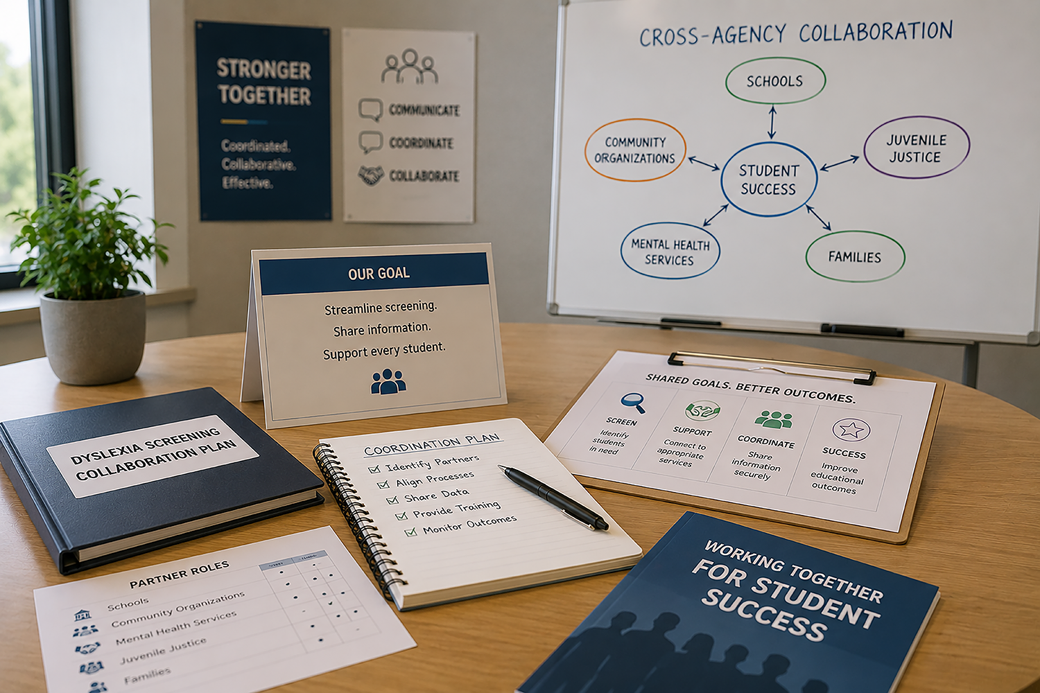 A meeting space with planning materials and a diagram illustrating cross-agency collaboration to support student success.