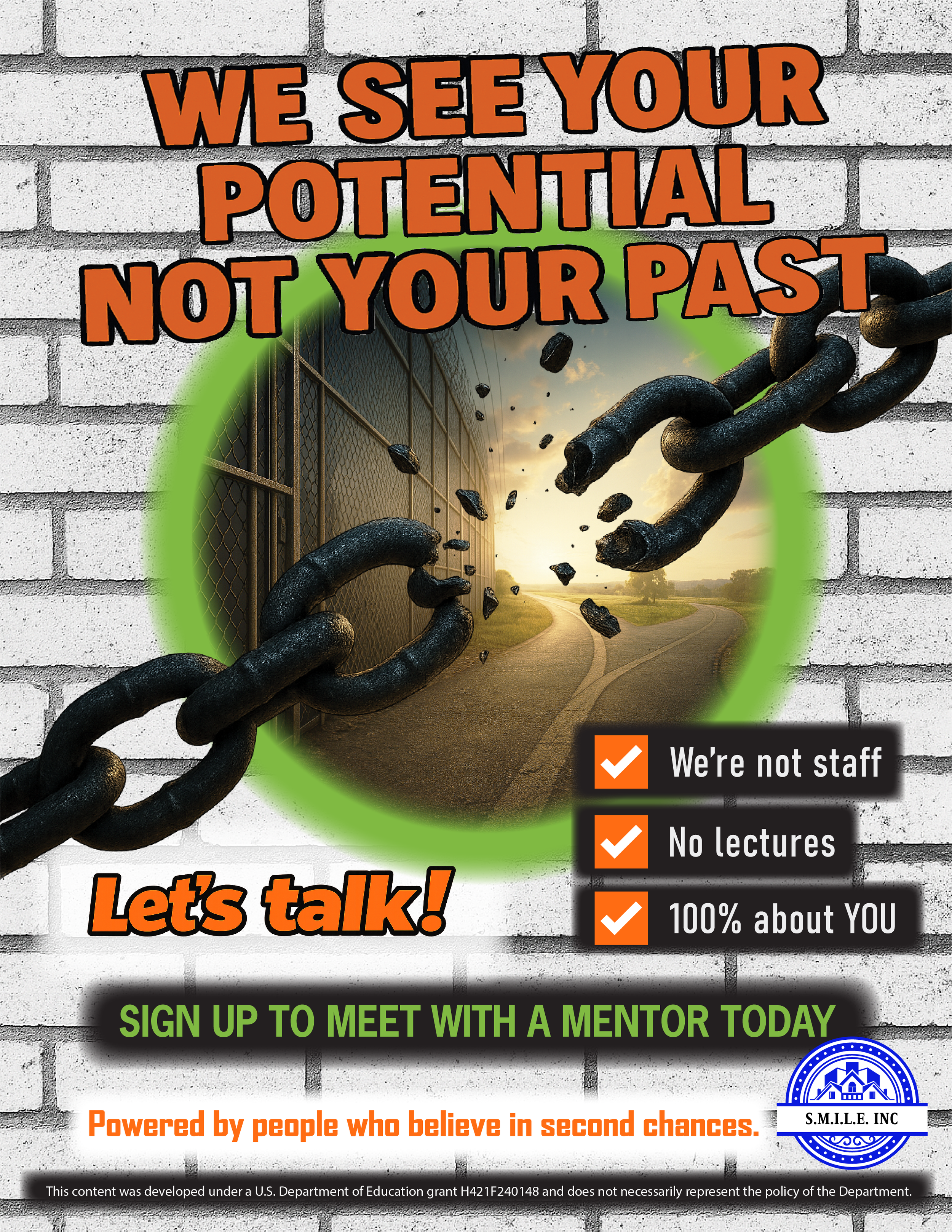 Flyer encouraging justice-involved youth to connect with a mentor who focuses on their potential and future.