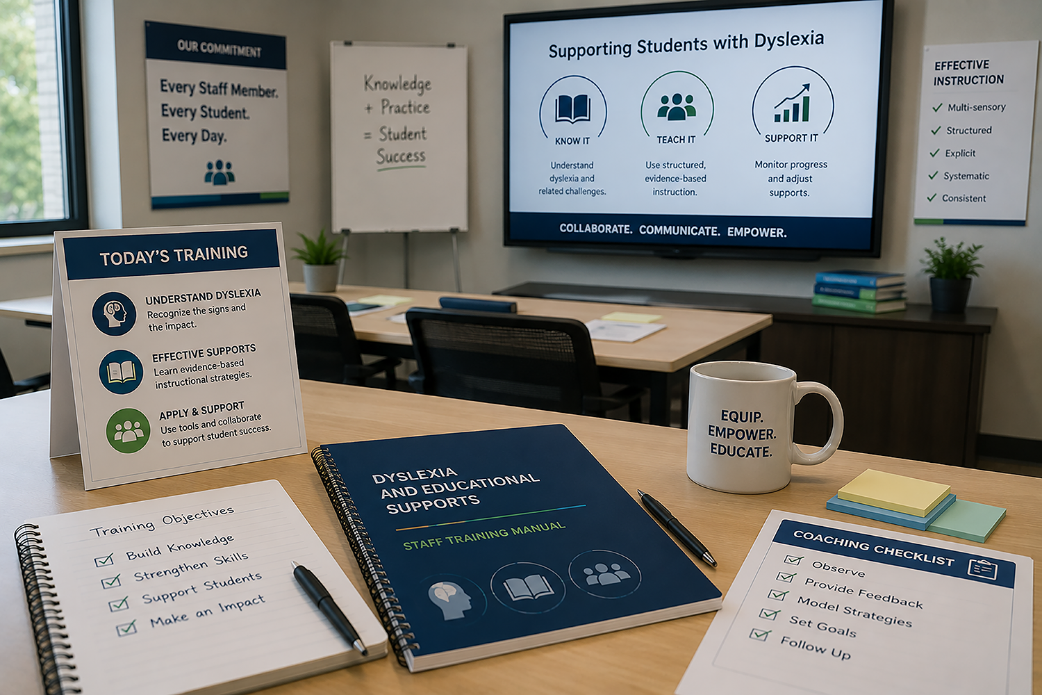 A training room with materials and presentations focused on supporting students with dyslexia through evidence-based instructional practices