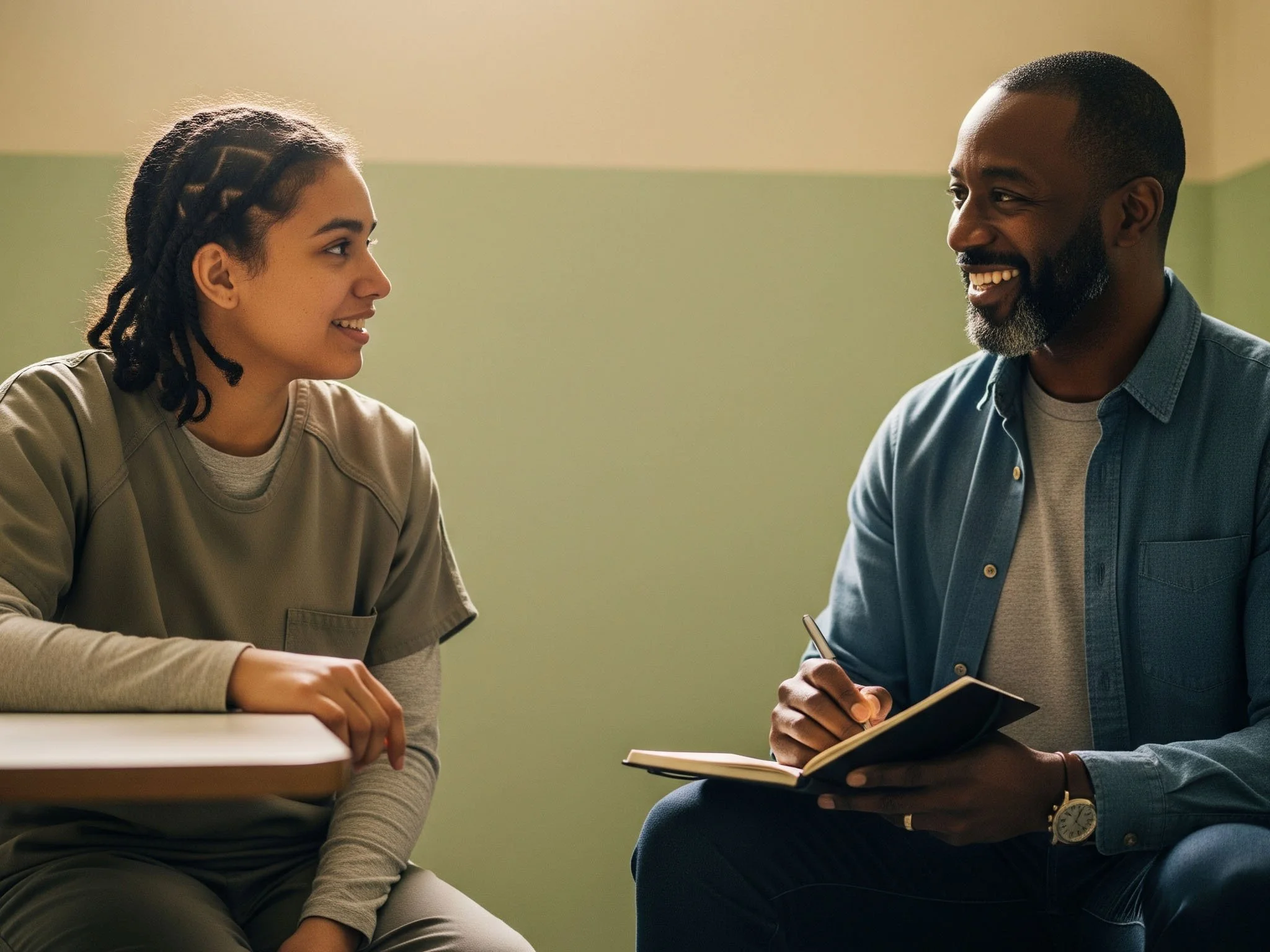 A young person talking with a counselor who is taking notes during a supportive conversation.