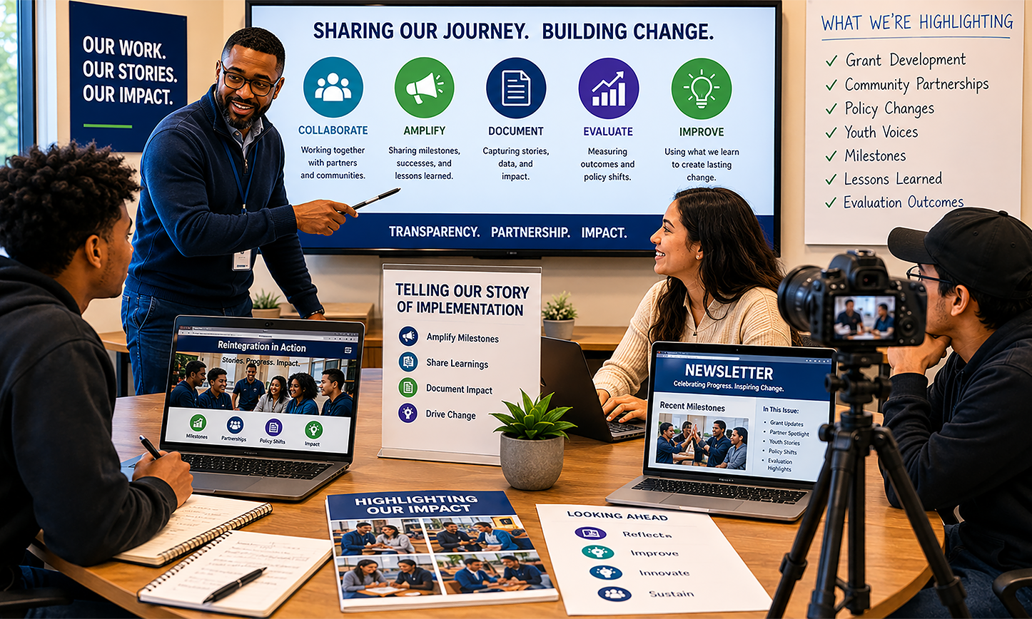 Youth and staff collaborating to document program activities, share success stories, highlight outcomes, and communicate lessons learned to strengthen community awareness, partnerships, and continuous improvement.