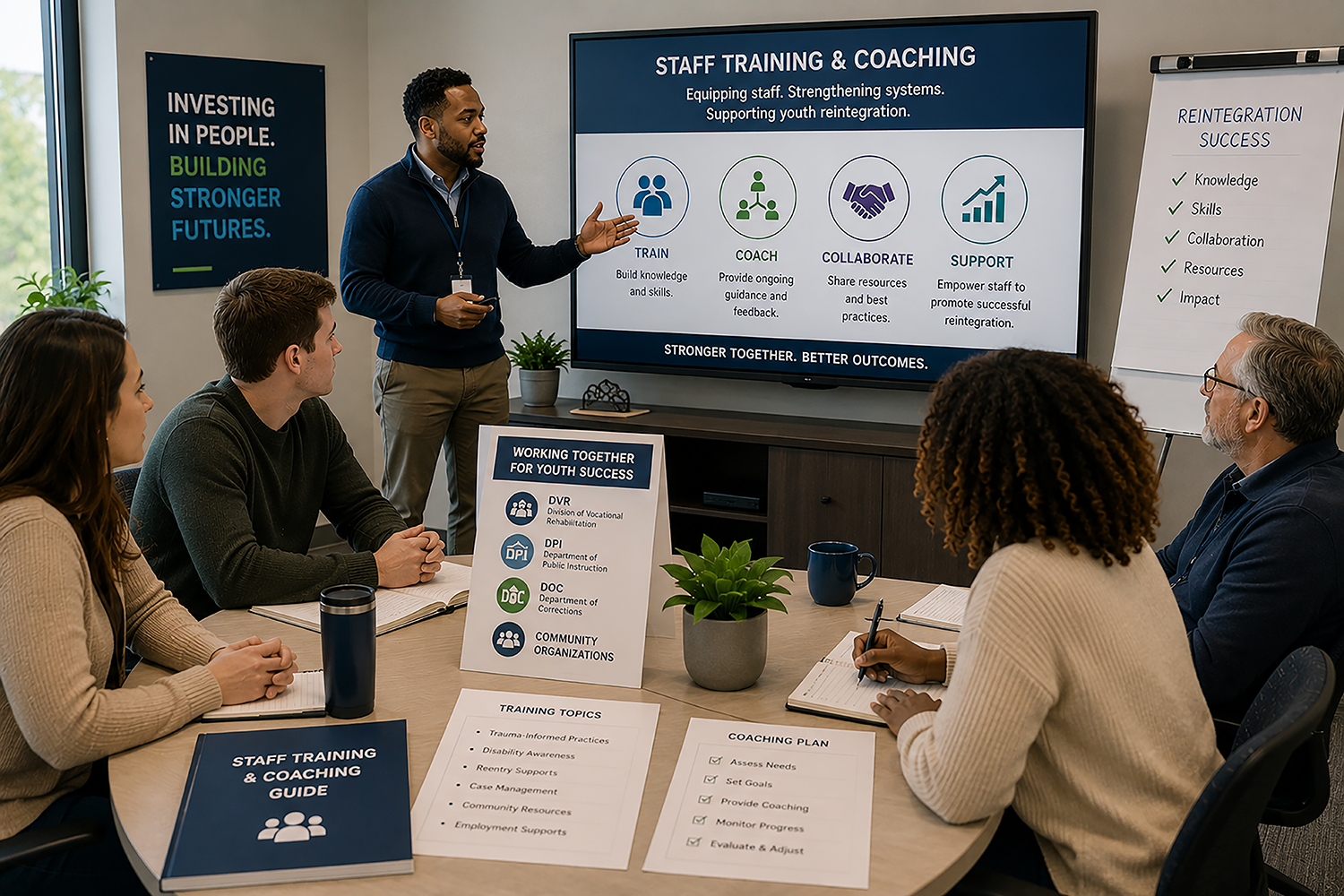 A staff training session focused on coaching and collaboration to support youth reintegration and successful outcomes.