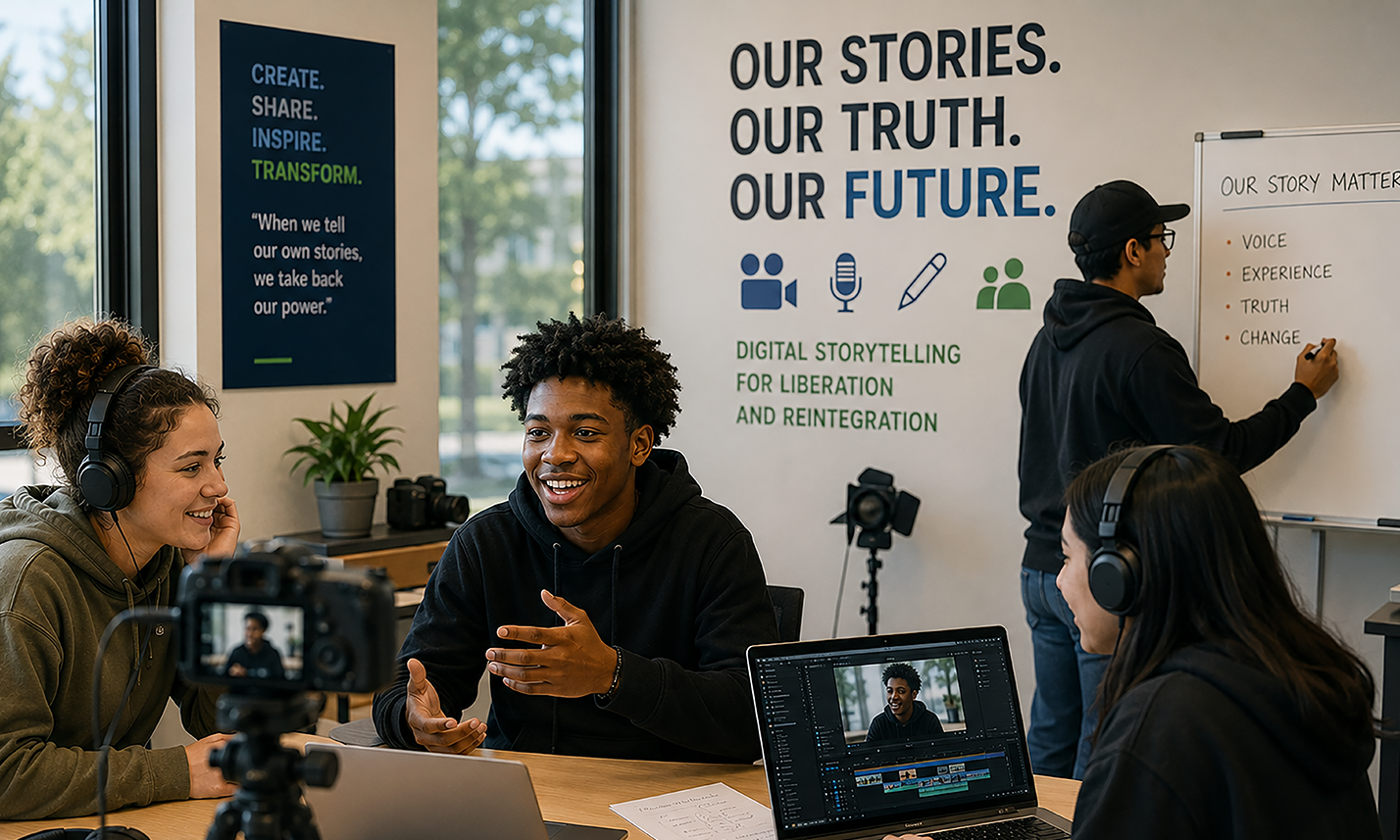Youth participating in a digital storytelling workshop, using media and technology to share personal experiences, build self-expression skills, and develop positive narratives for reintegration and future success.