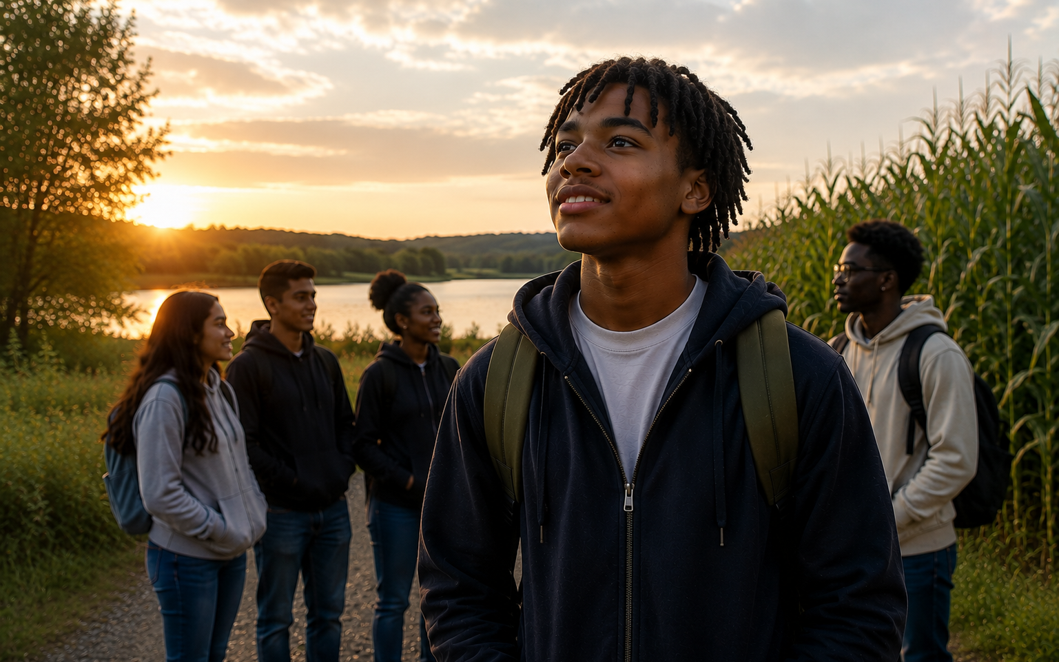 Justice-involved youth standing confidently with peers in a natural setting, representing hope, belonging, and a positive future.