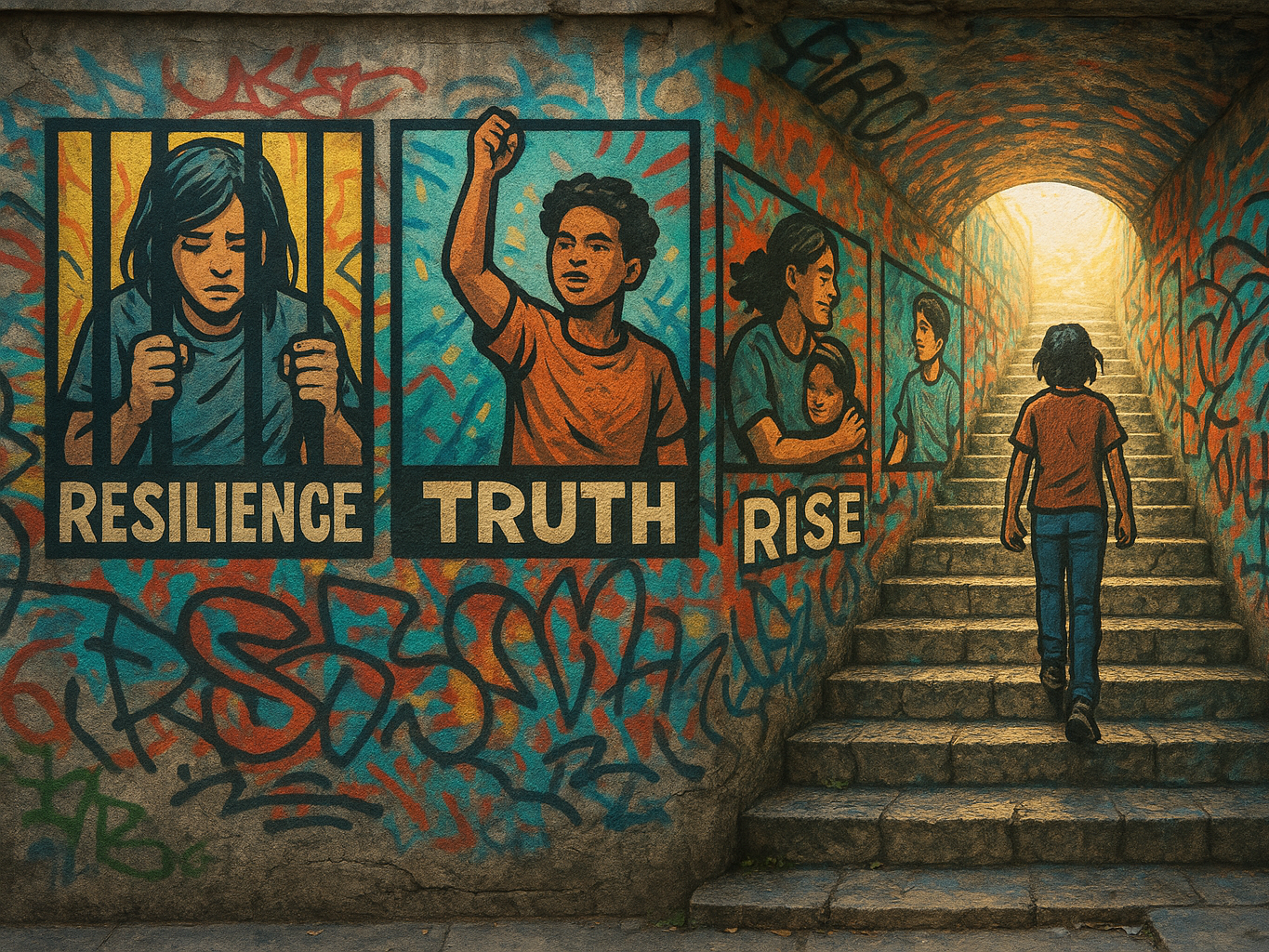 A young person walking up stairs in a graffiti-covered tunnel toward light, passing murals that read ‘Resilience,’ ‘Truth,’ and ‘Rise.
