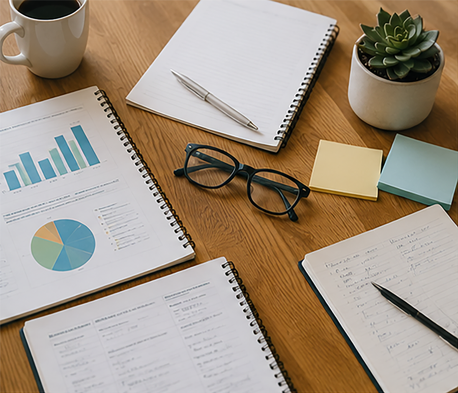 Reports, notebooks, and office supplies arranged on a table, including charts, notes, and planning materials.
