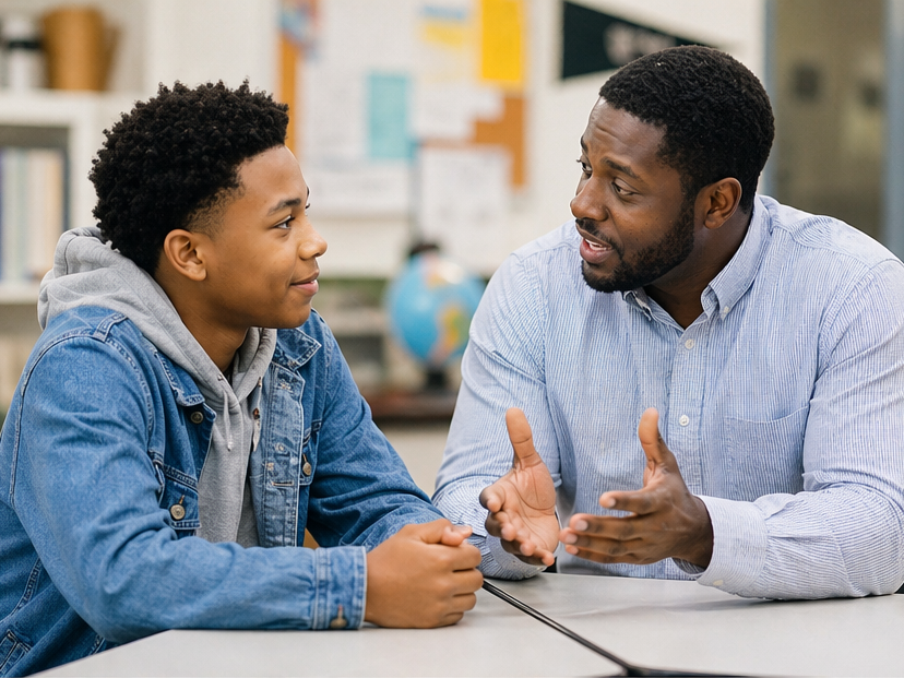 An adult man talking with a teenage boy at a desk, engaged in a supportive conversation in a classroom setting.