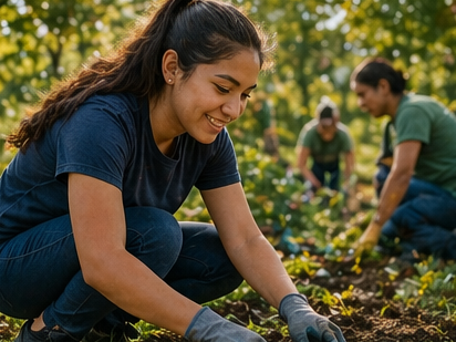 Female youth kneeling in a garden, planting or tending to plants while others work in the background