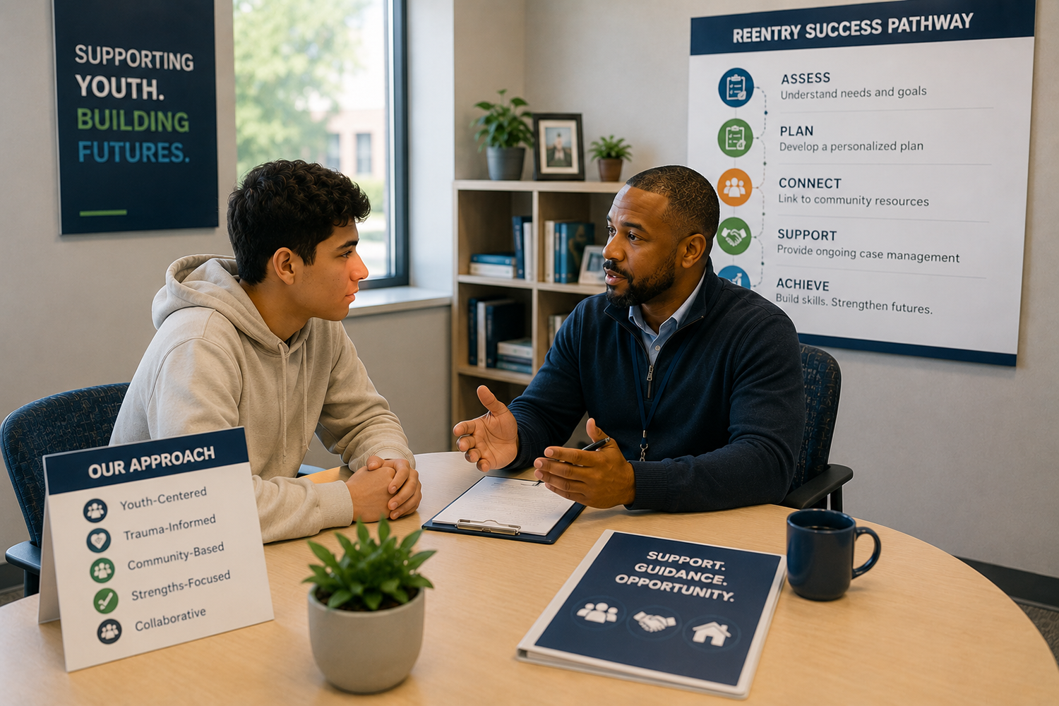 A youth and a staff member meeting one-on-one in a supportive office setting, discussing goals, resources, and next steps for successful community reintegration.