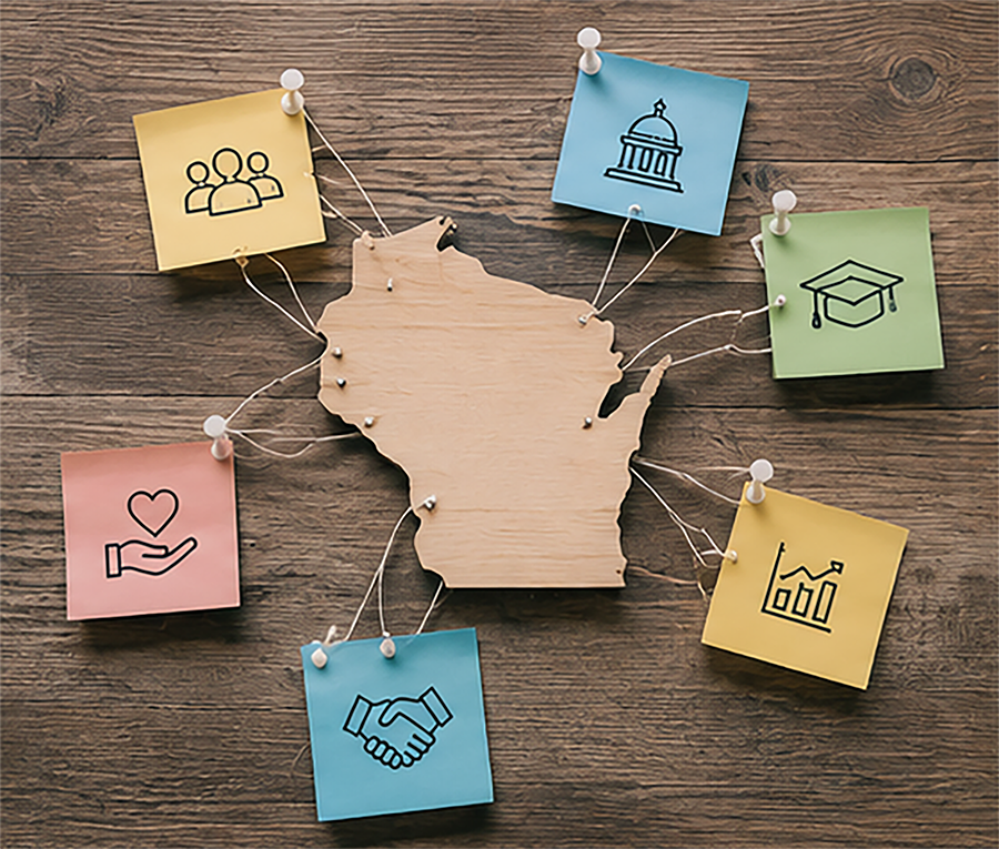 A map of Wisconsin connected to icons representing community engagement, government, education, partnerships, and data-driven decision-making.