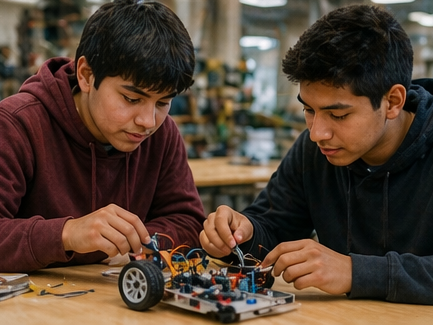Two male youths working together on a small electronics or robotics project at a table.