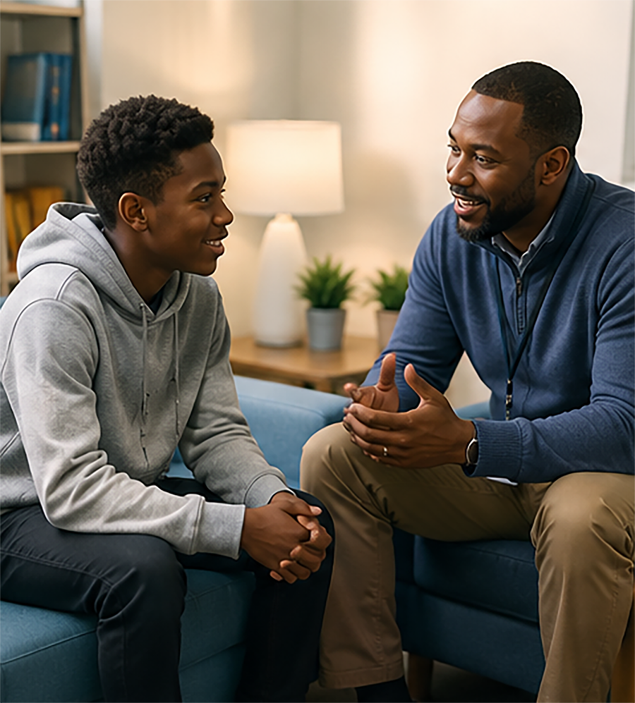 A caring professional meets one-on-one with a teenager in a comfortable office, engaged in a supportive conversation.