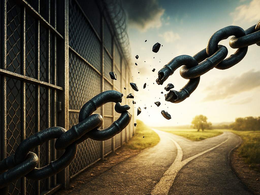 A broken chain snapping apart near a prison fence, with a road leading into the distance
