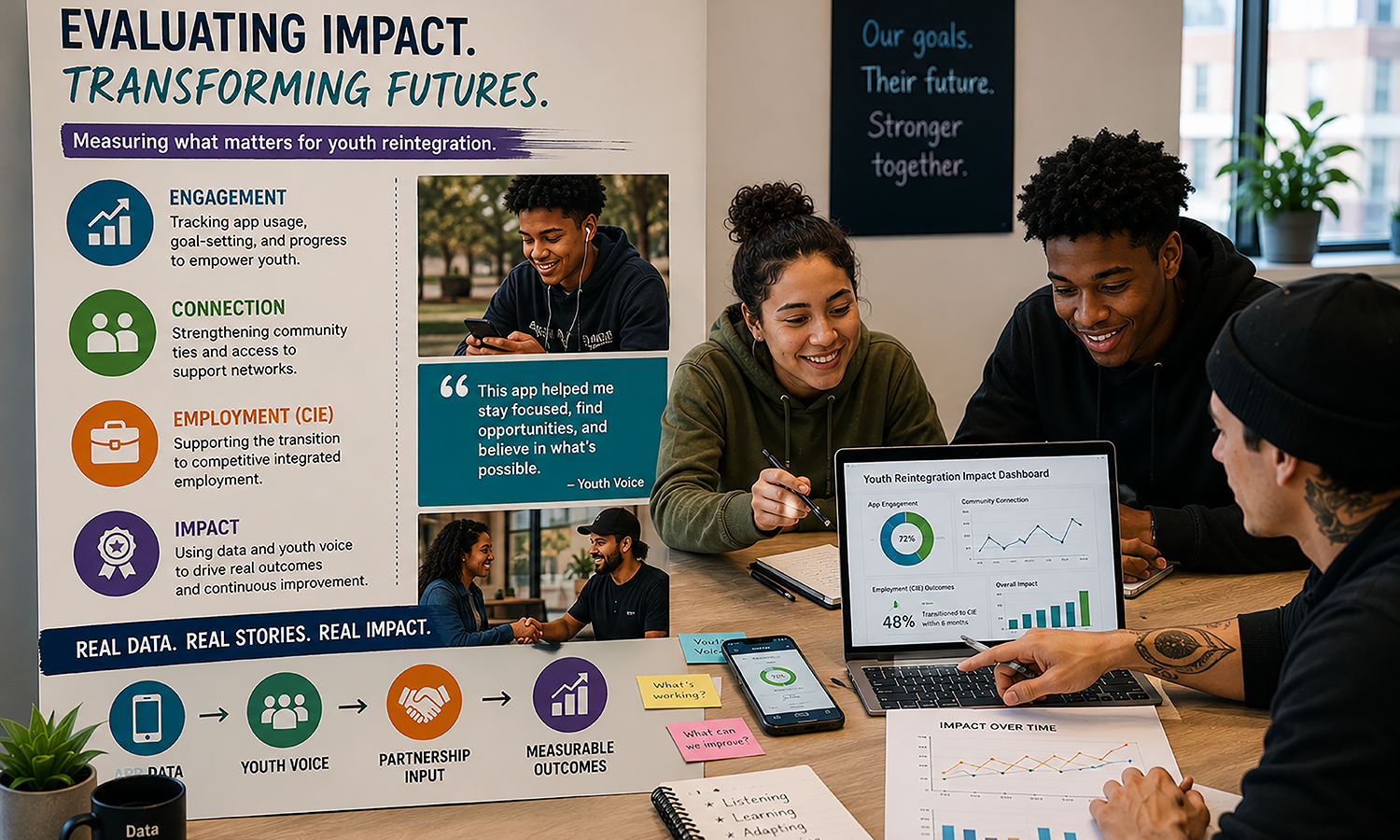 Youth and program partners reviewing outcome data and participant feedback to evaluate program effectiveness, measure reintegration success, and identify opportunities for continuous improvement.”