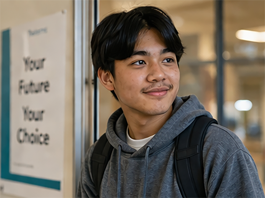 A young man wearing a backpack standing indoors beside a sign that reads ‘Your Future Your Choice.