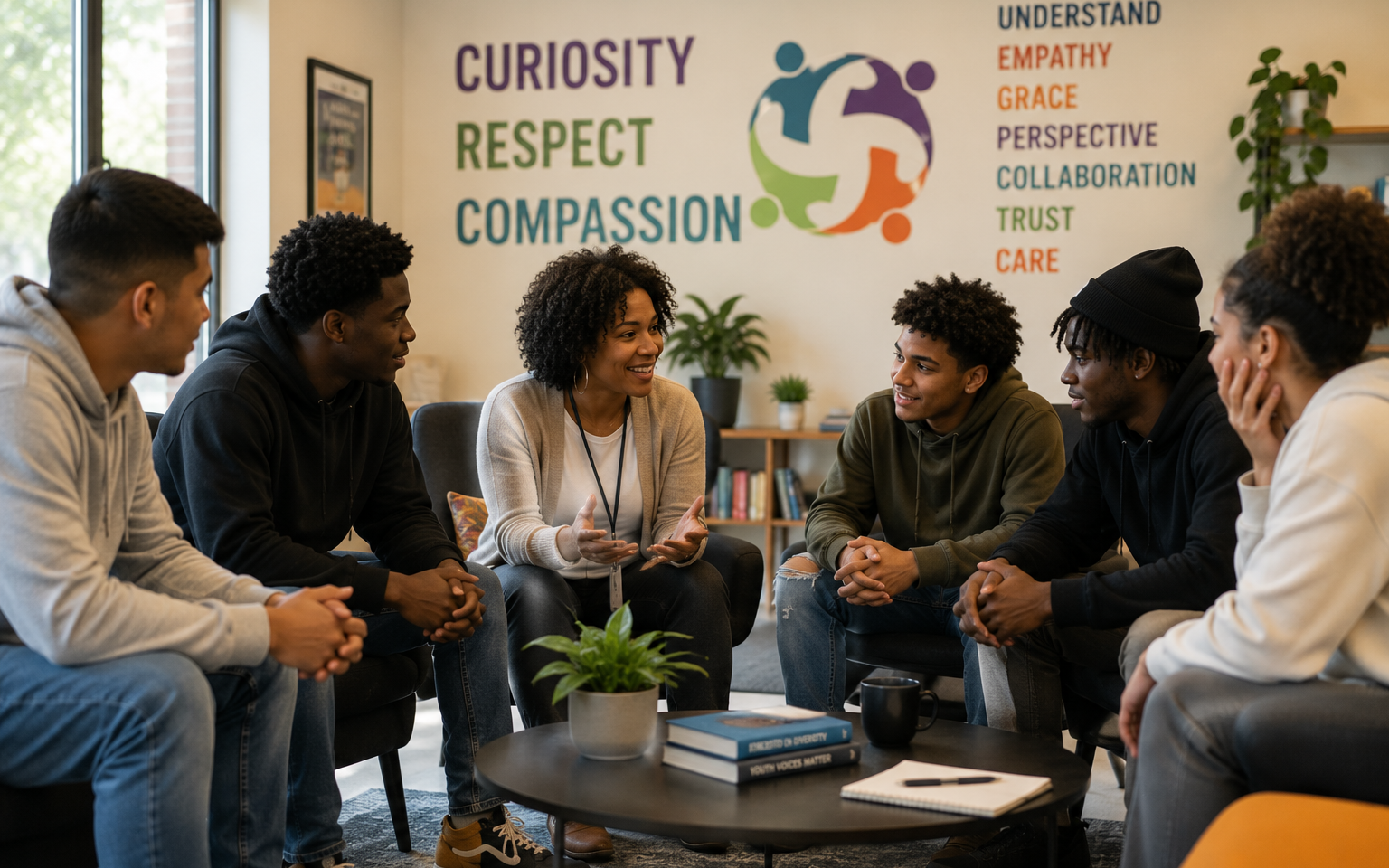 Facilitator leading a discussion with justice-involved youth in a supportive group setting focused on trust, respect, and collaboration.