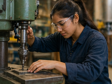 A young woman wearing safety glasses operating a drill press in a workshop