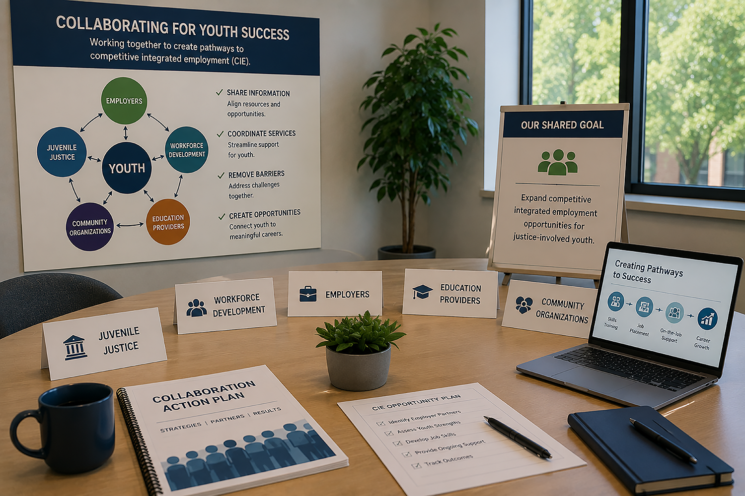 A meeting space displaying a collaborative plan to create employment pathways and support successful outcomes for justice-involved youth.