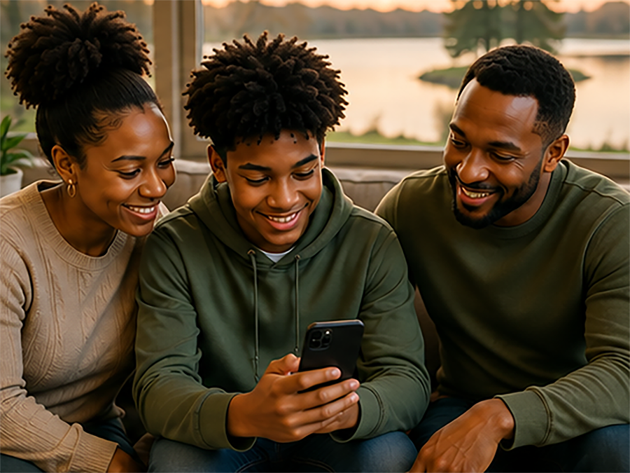 A young person sitting with two supportive adults while looking at a smartphone together.