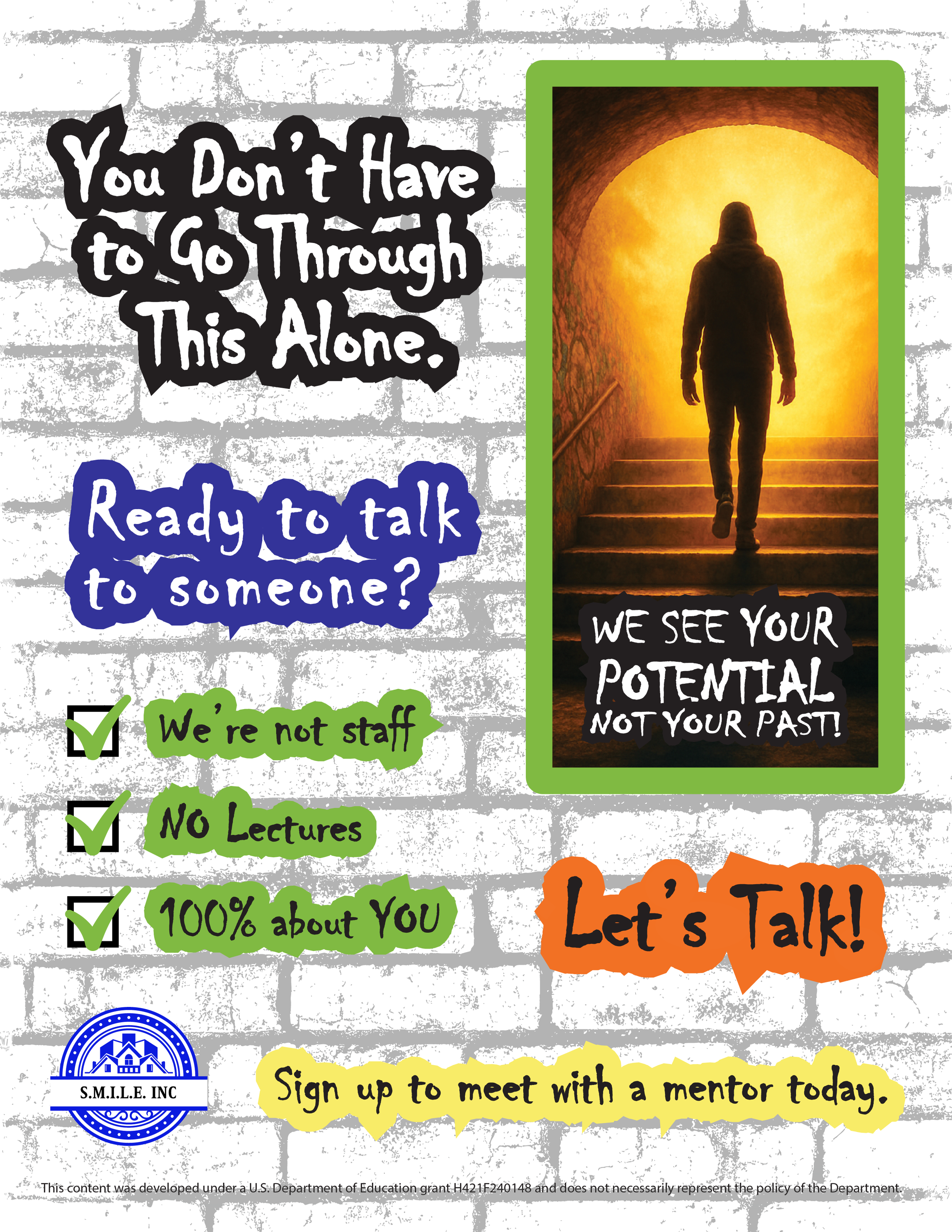 Flyer encouraging justice-involved youth to connect with a mentor for trusted, one-on-one support.