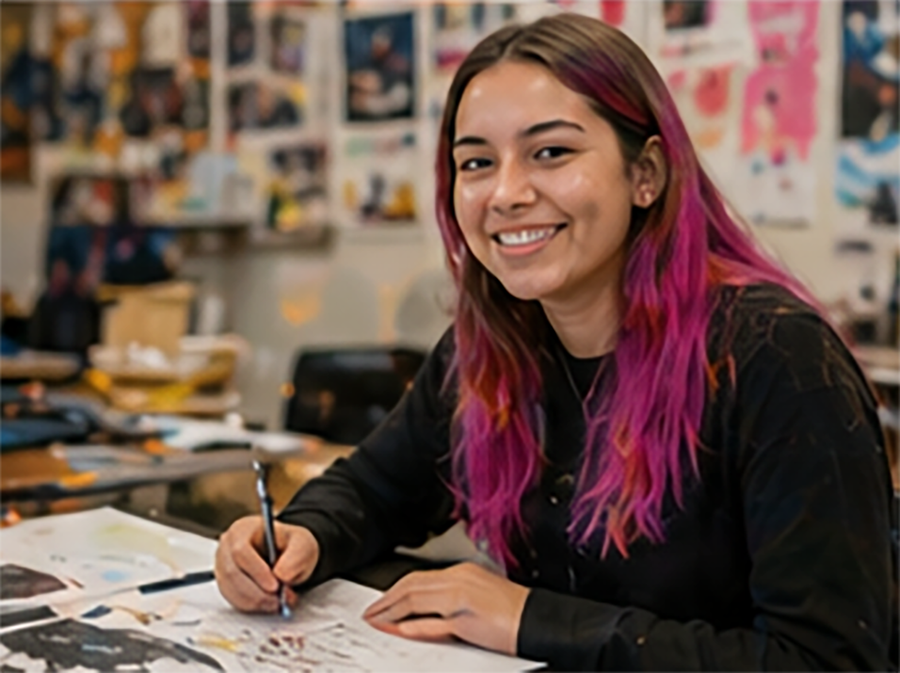 A young woman with pink hair smiling while drawing or working on artwork at a table.