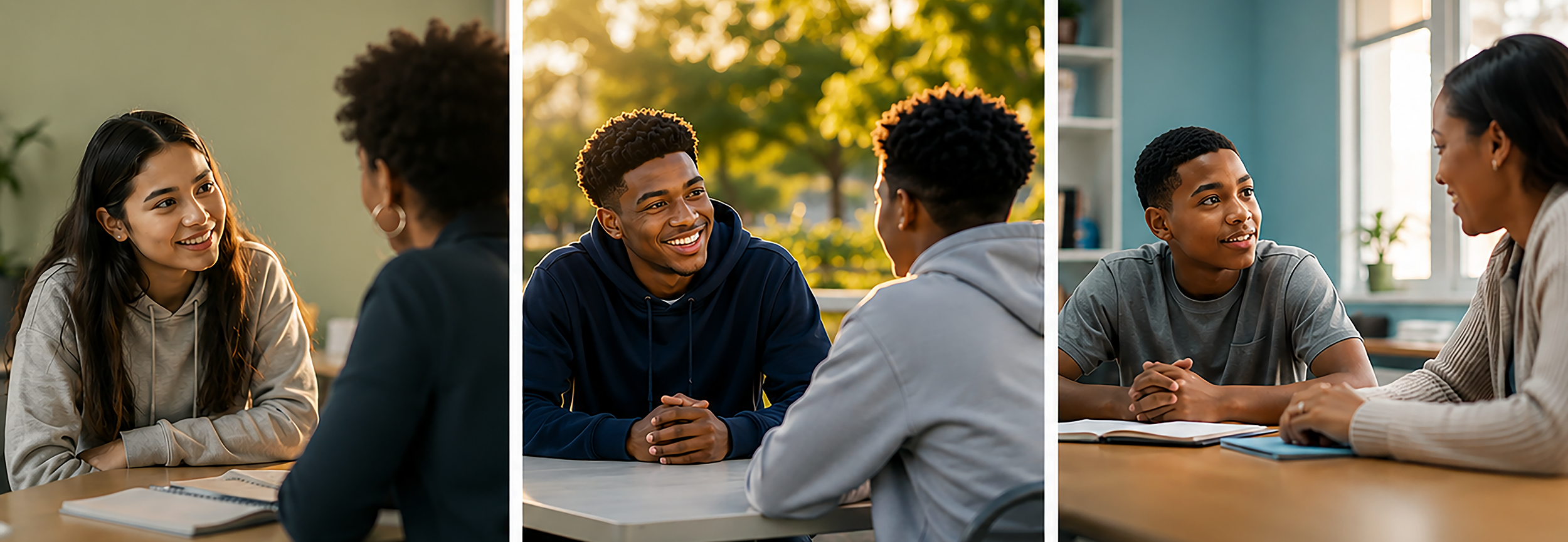 Collage of young people participating in supportive one-on-one conversations with mentors and counselors in indoor and outdoor settings.