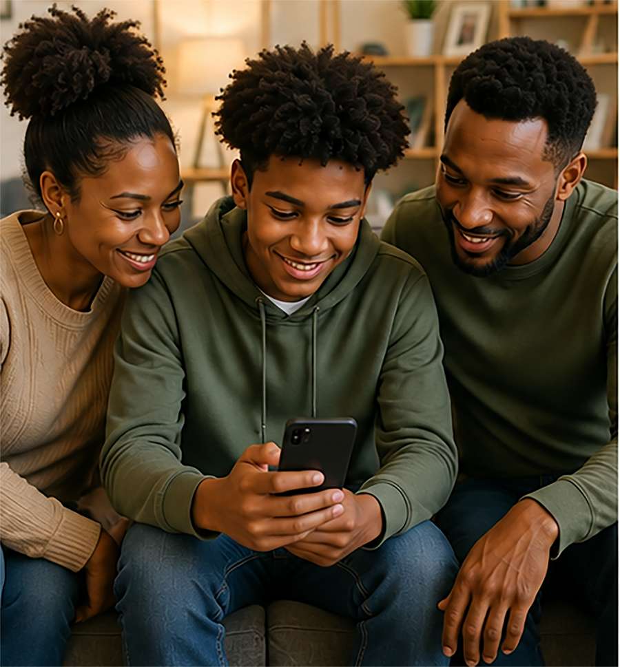 A smiling teenager sits between two supportive adults on a couch, looking at a smartphone together in a warm, home-like setting.