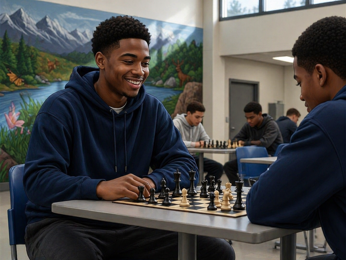Two young men playing chess at a table while others play in the background.