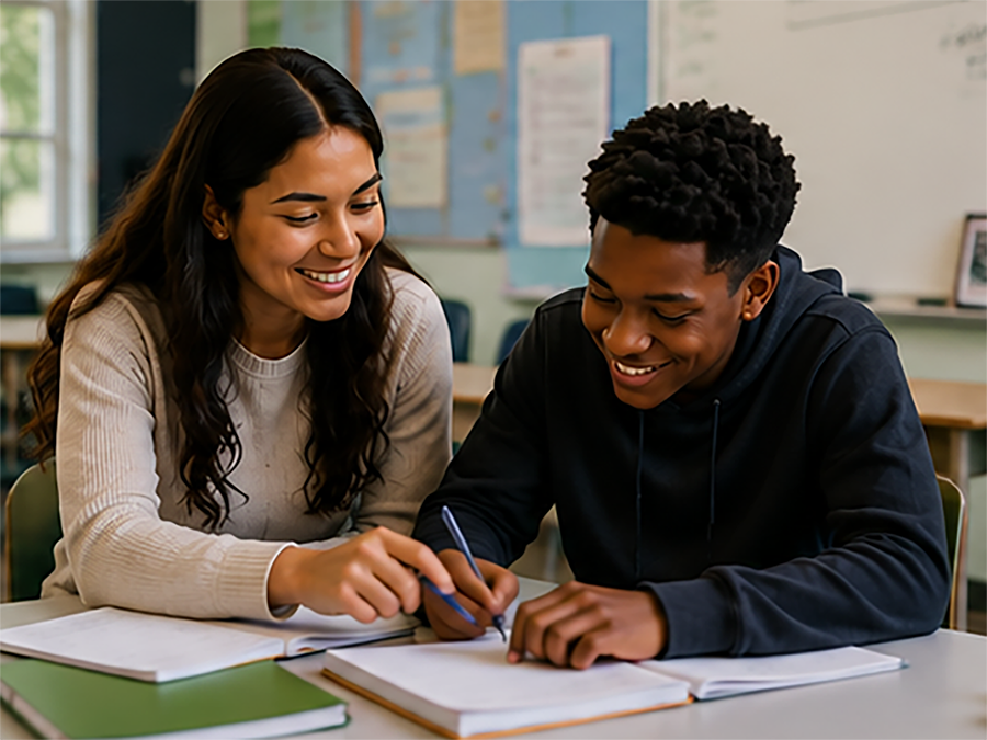 A young man receiving academic support from a woman while working together at a classroom table.