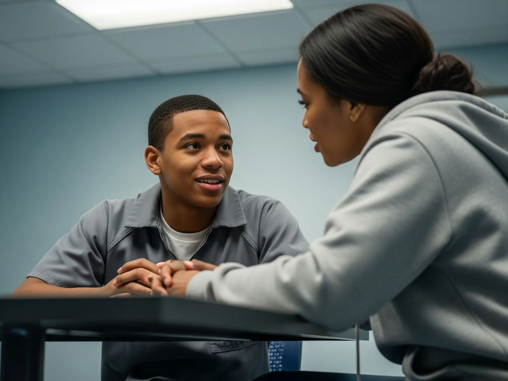 A young man and a woman leaning toward each other across a table, talking attentively in a counseling or meeting room.