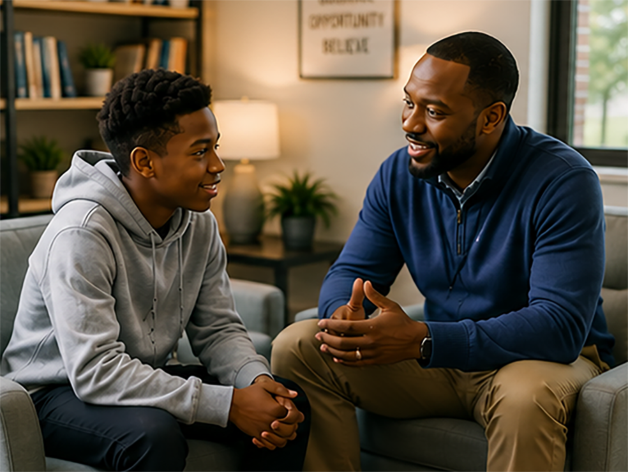 A mentor and teenage boy sitting together in a supportive one-on-one conversation.