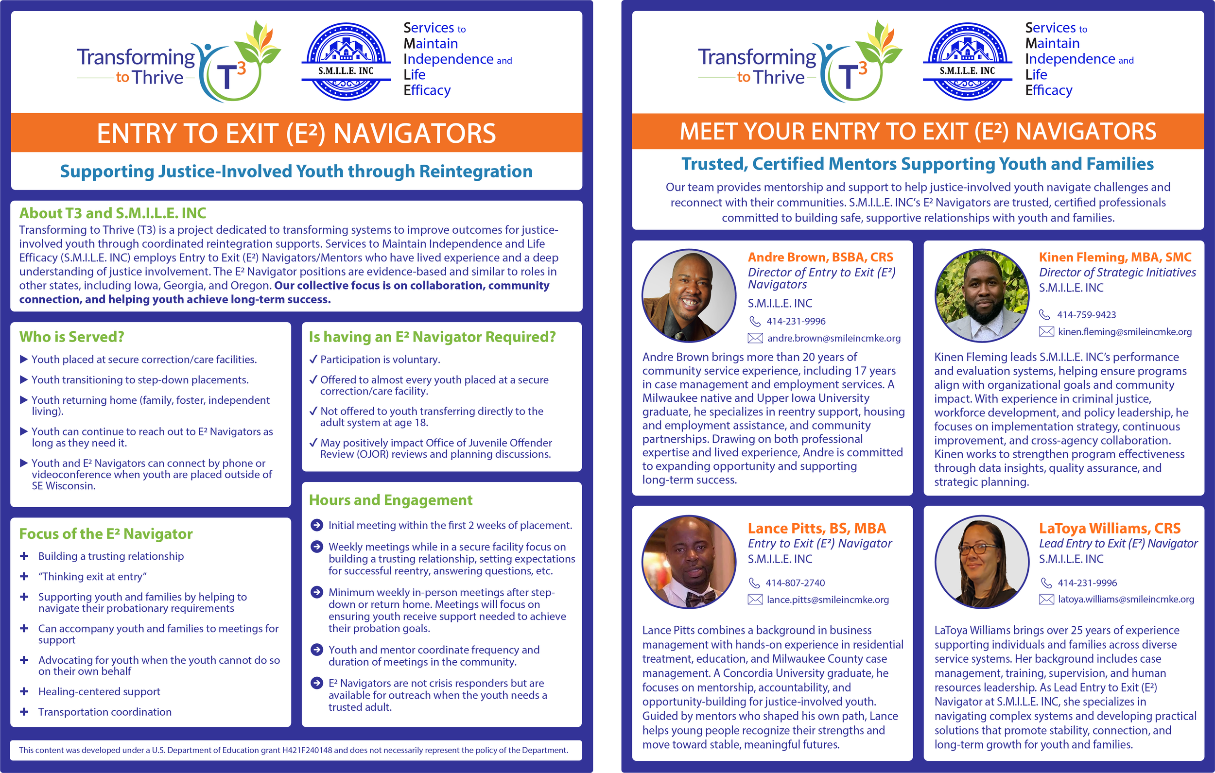 Two-page flyer introducing the T3 Entry to Exit (E²) Navigator program and mentoring team.
